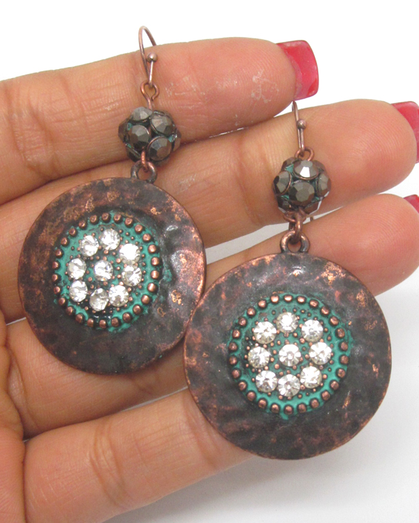 Patina and burnish copper disk and fireball earring