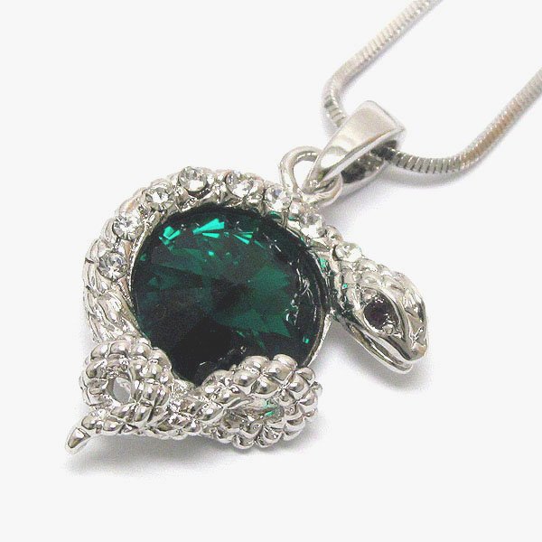 Made in korea whitegold plating crystal snake with round glass pendant necklace