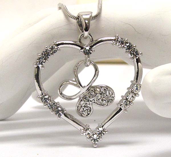 Made in korea whitegold plating crystal heart with butterfly pendant necklace