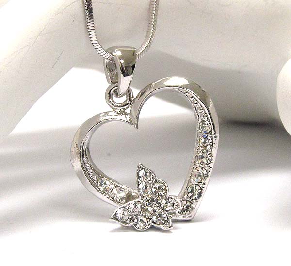 Made in korea whitegold plating crystal heart with butterfly pendant necklace