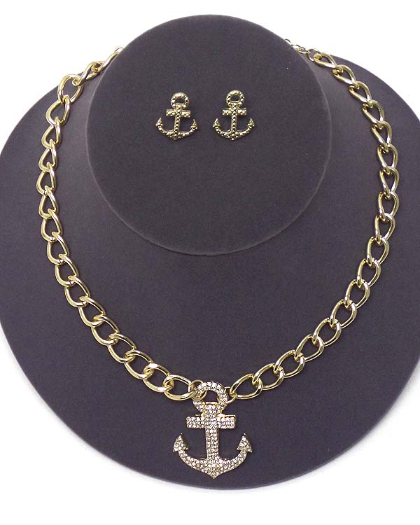 Crystal anchor and chain necklace earring set