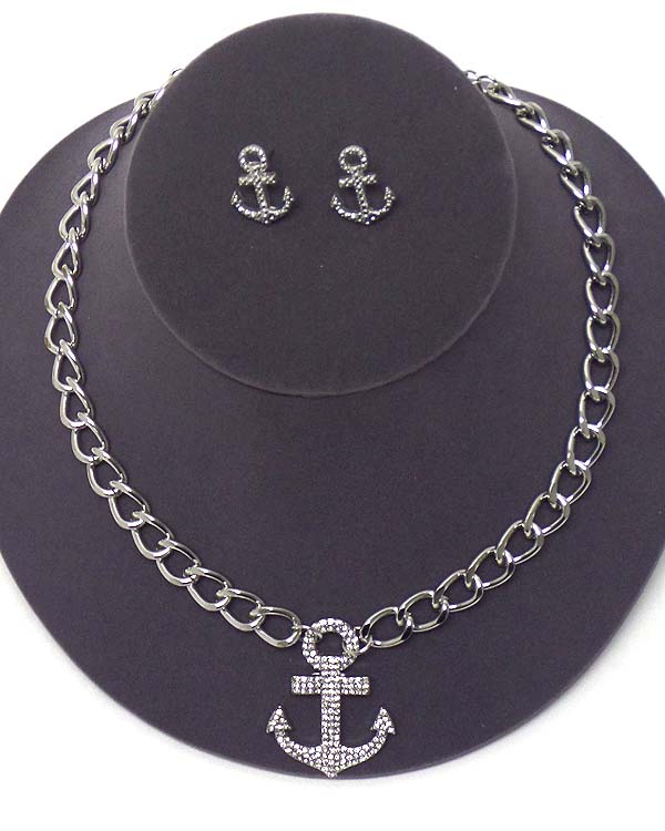 Crystal anchor and chain necklace earring set