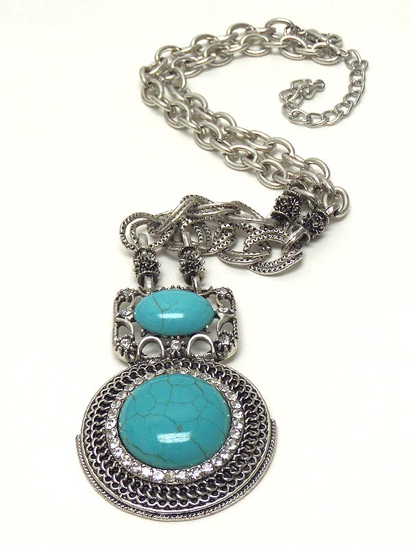 Turquoise and crystal on metal filigree disk pendant and chain necklace