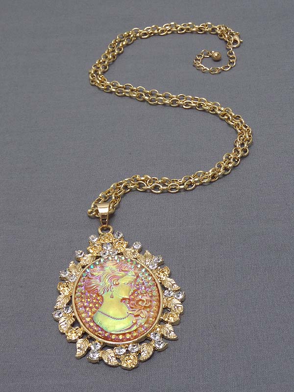 Cameo and crystal and metal filigree pendant necklace