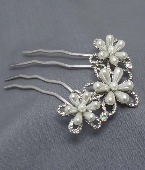 Pearl and crystal mix triple flower bridal hair comb