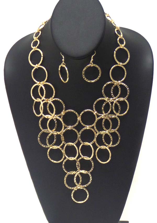 Textured multi metal ring link drop necklace earring set