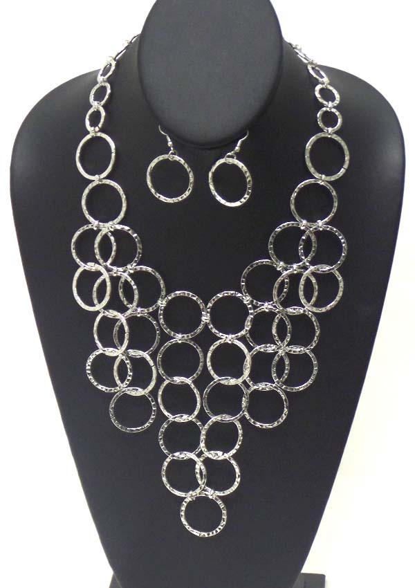 Textured multi metal ring link drop necklace earring set