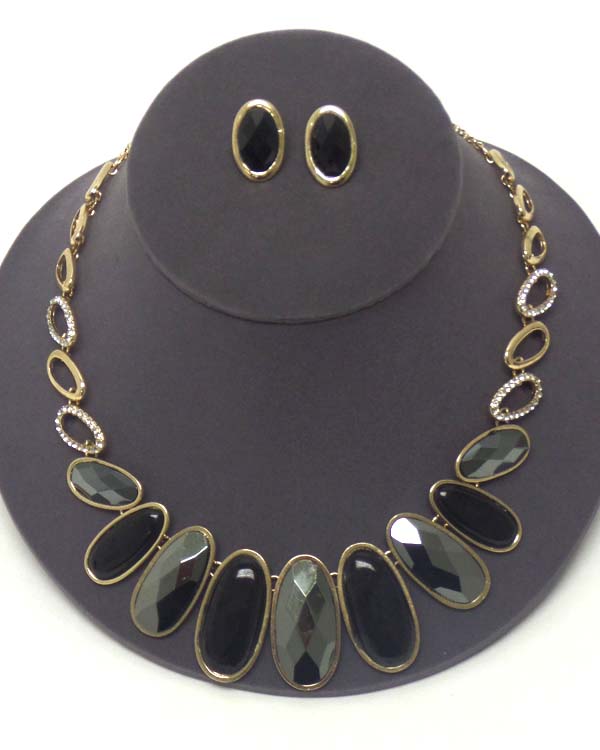 Facet oval stone link and crystal chain necklace earring set