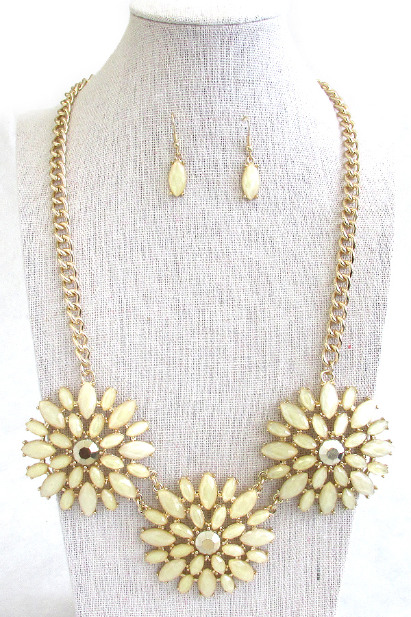 Facet stone triple flower link necklace earring set