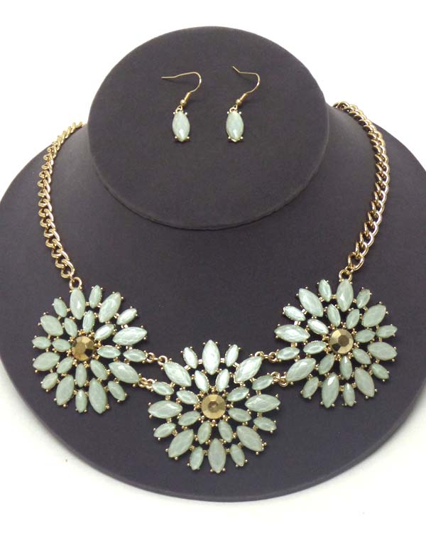Facet stone triple flower link necklace earring set