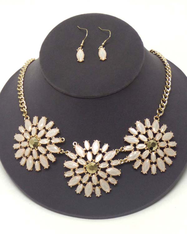 Facet stone triple flower link necklace earring set