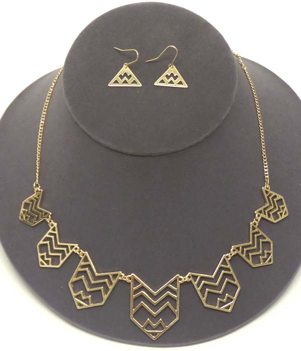 MULTI METAL CHEVRON PATTERN LINK NECKLACE EARRING SET