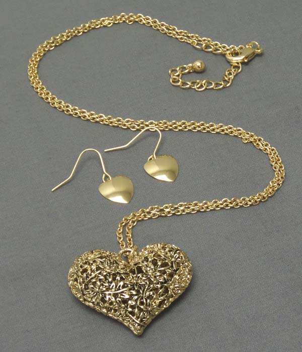 Metal leaf filigree puffy heart necklace earring set