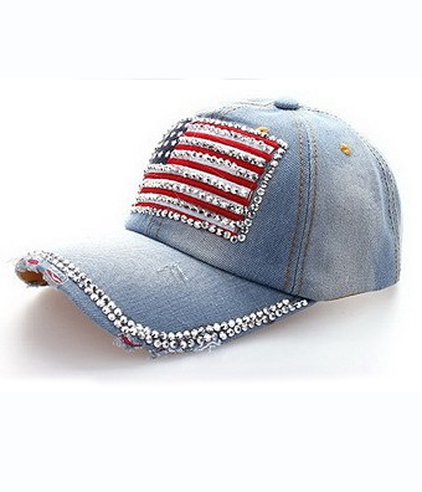 Rhinestone american flag denim baseball cap