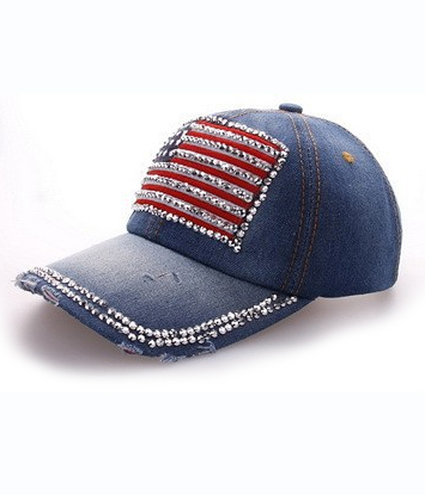 Rhinestone american flag denim baseball cap