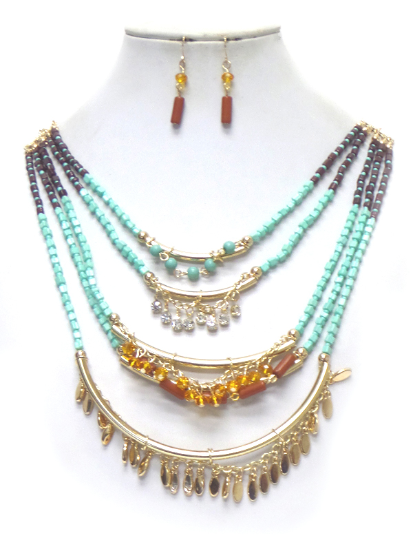 Crystal and multi seedbeads 4 layered necklace set