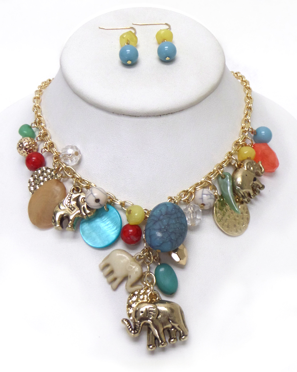 Multi elephant and shell disk dangle necklace set
