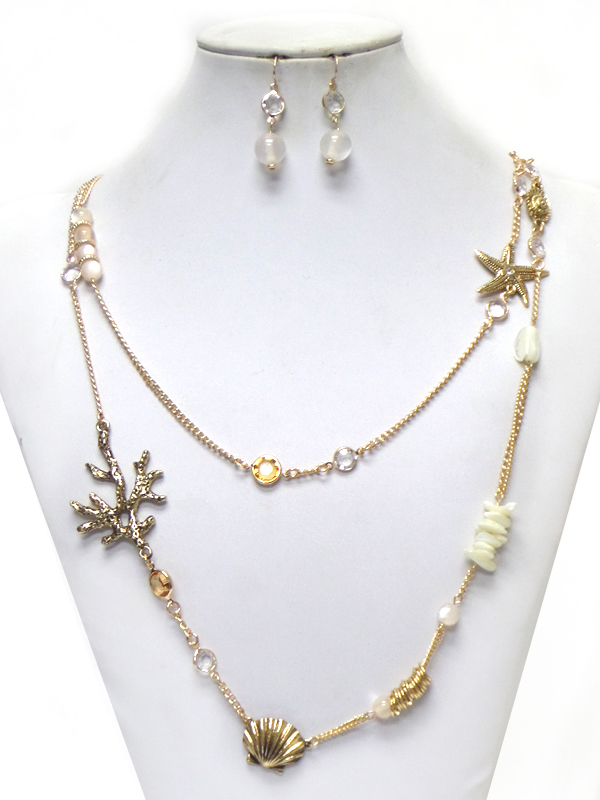 Coral and starfish and shell double layer long necklace set