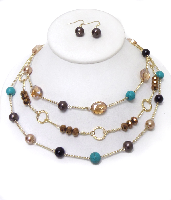 Multi pearl and glass beads 3 layered necklace set