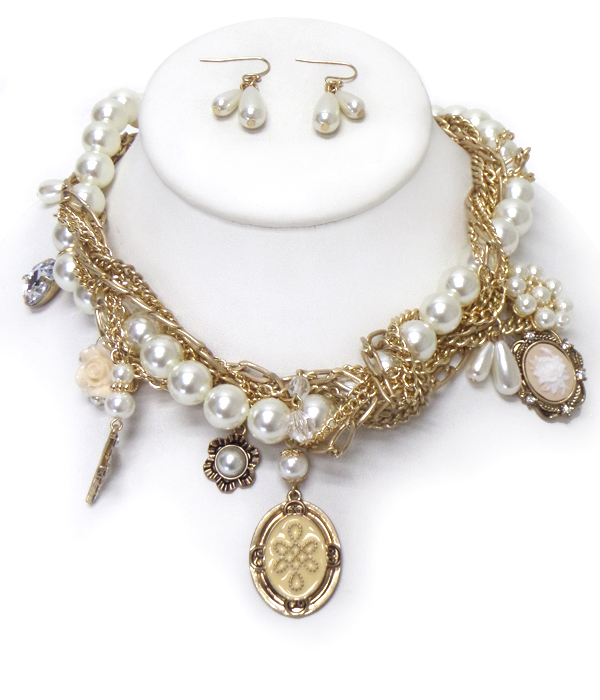 Vintage charm braided metal and pearl chain necklace set