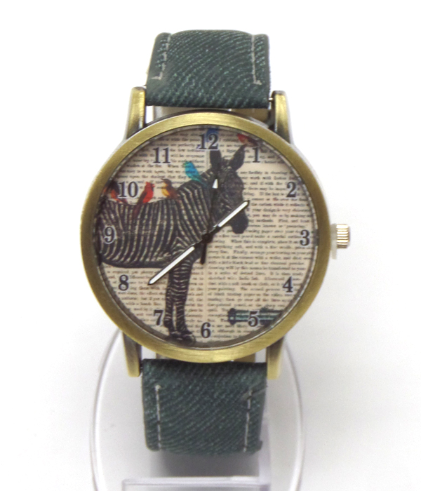 Zebra print denim band wrist watch 