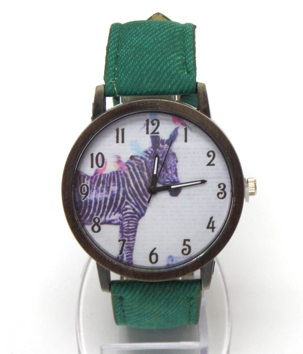 Zebra print denim band wrist watch 