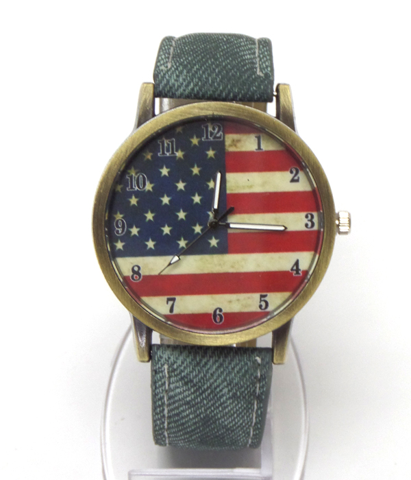 American flag denim band wrist watch