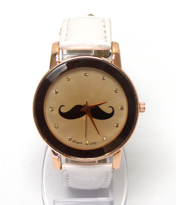 Facet glass mustache rhinestones leather band watch 