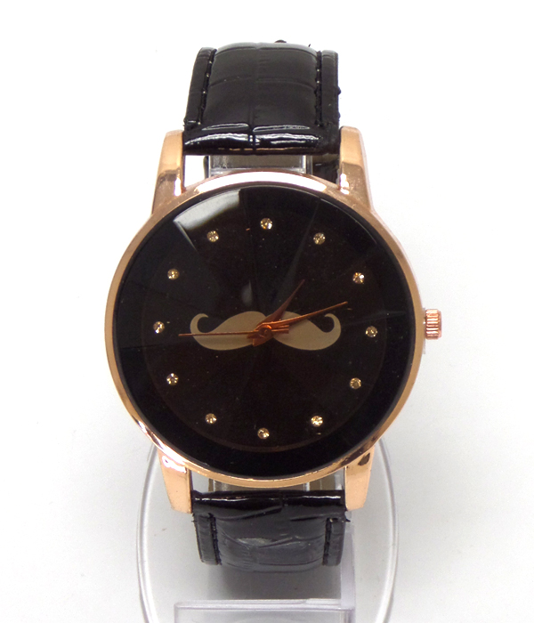 Facet glass mustache rhinestones leather band watch