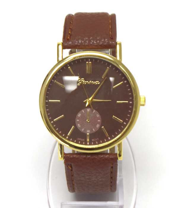 Solid color leather type wrist watch 