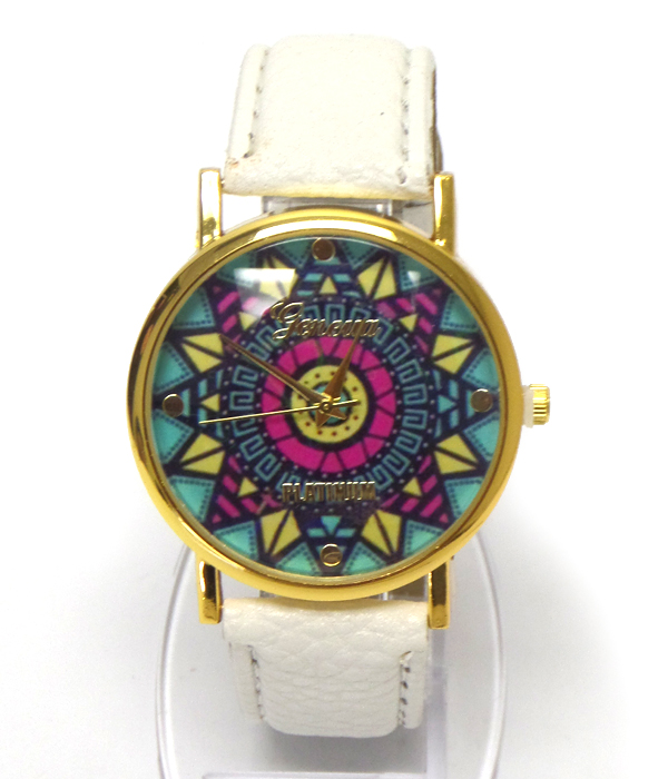 Multi boho aztec pattern leather band wrist watch  -western