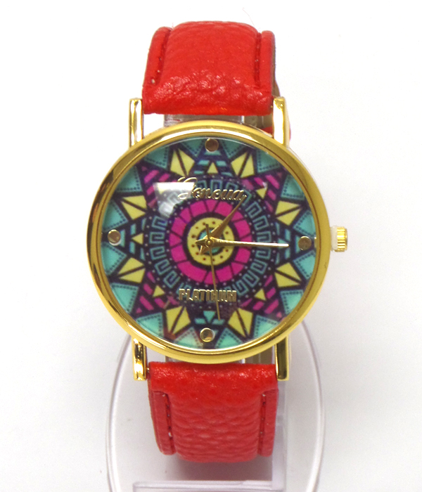 Multi boho aztec pattern leather band wrist watch -western