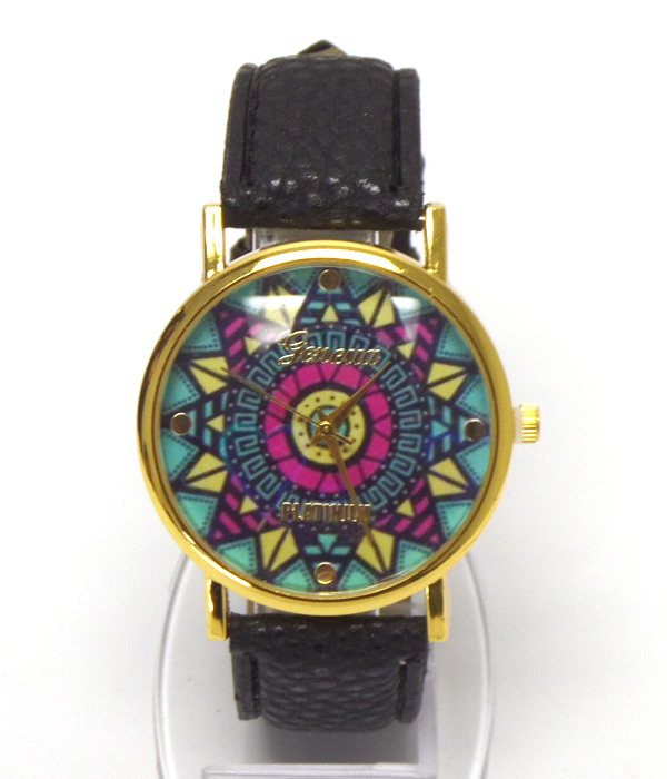 Multi boho aztec pattern leather band wrist watch -western