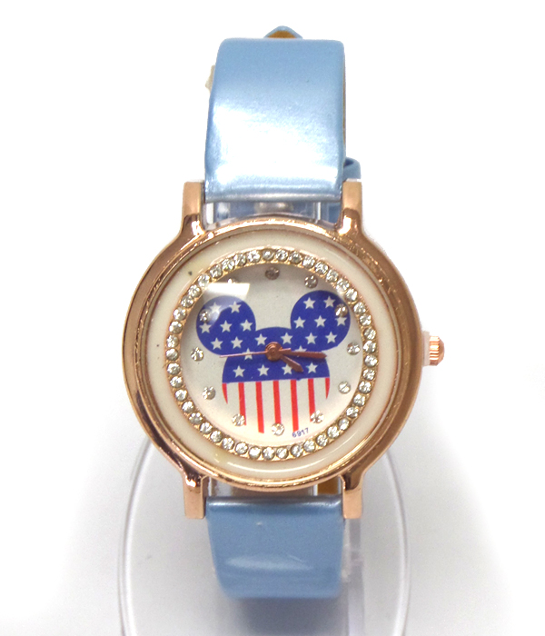 Crystal stud american flag mouse ear leather band wrist watch