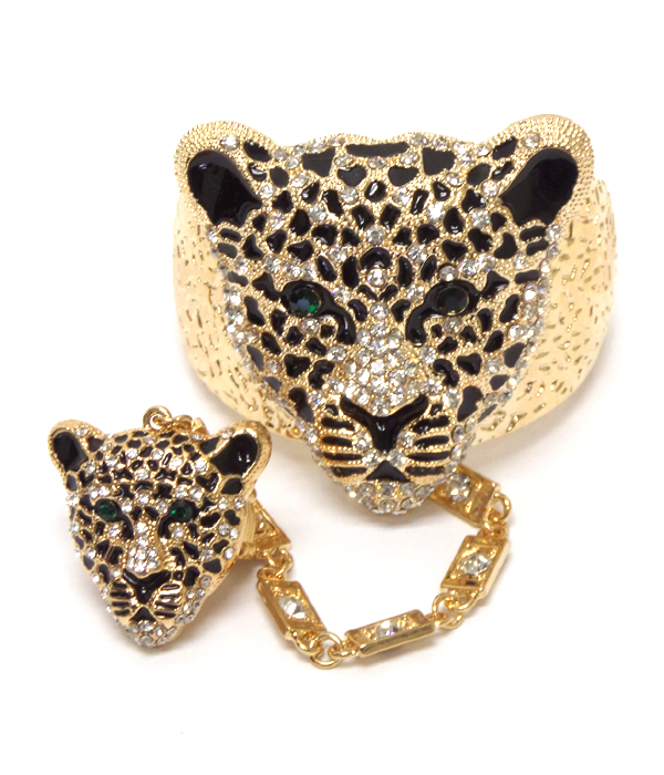 Multi crystal jaguar slave stretch ring and bracelet set