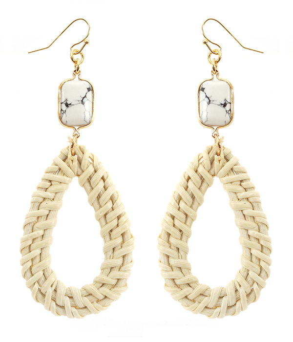 Semi precious stone and rattan teardrop earring