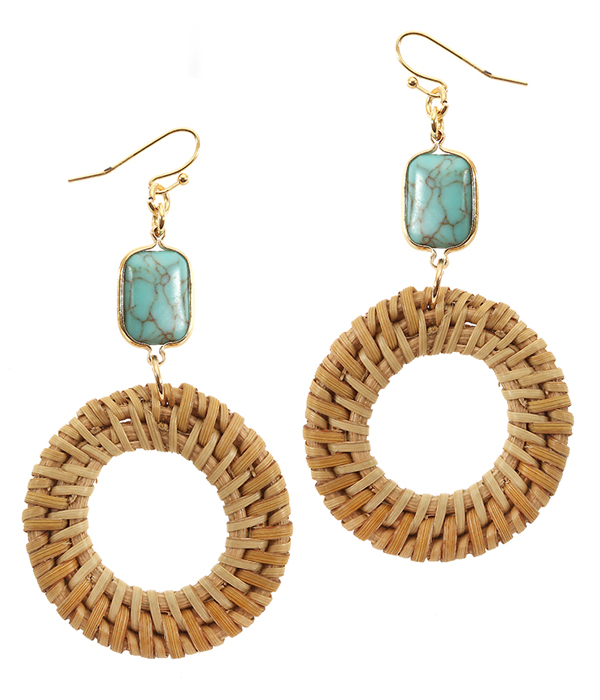 SEMI PRECIOUS STONE AND RATTAN DISC EARRING