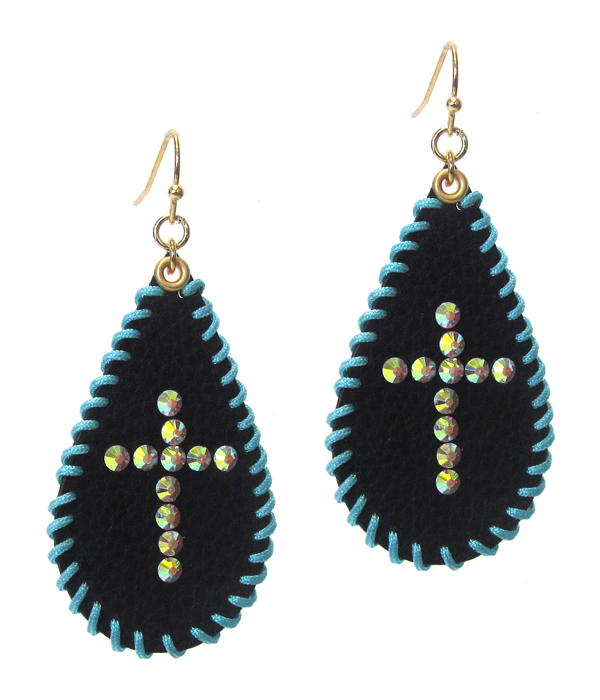 Stitch edge tear drop leather earring - cross