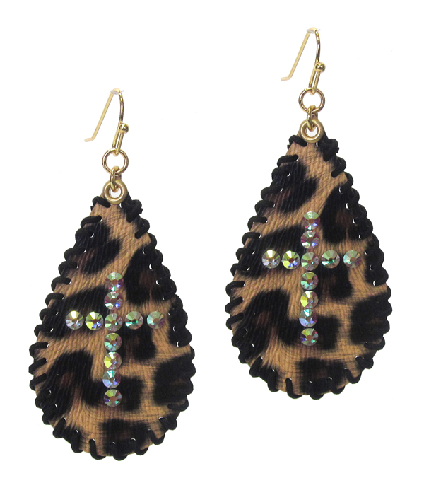 Stitch edge tear drop leather earring - cross and anmal print