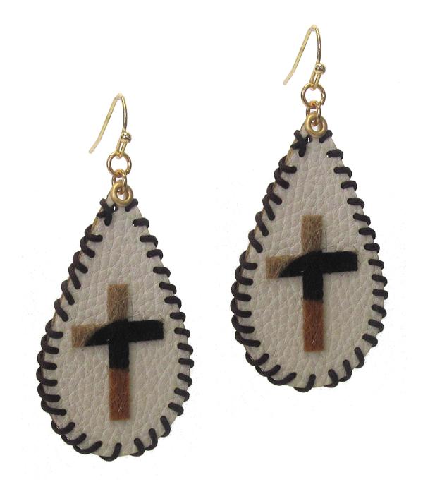 Stitch edge tear drop leather earring - cross