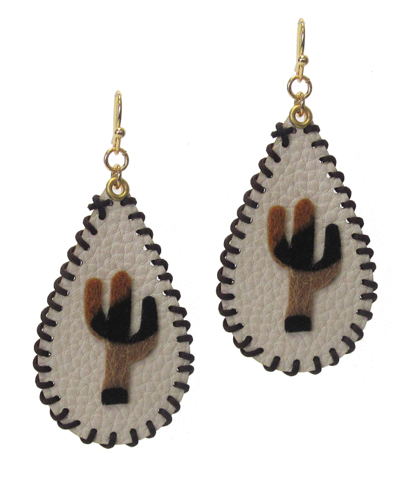 Stitch edge tear drop leather earring - cactus