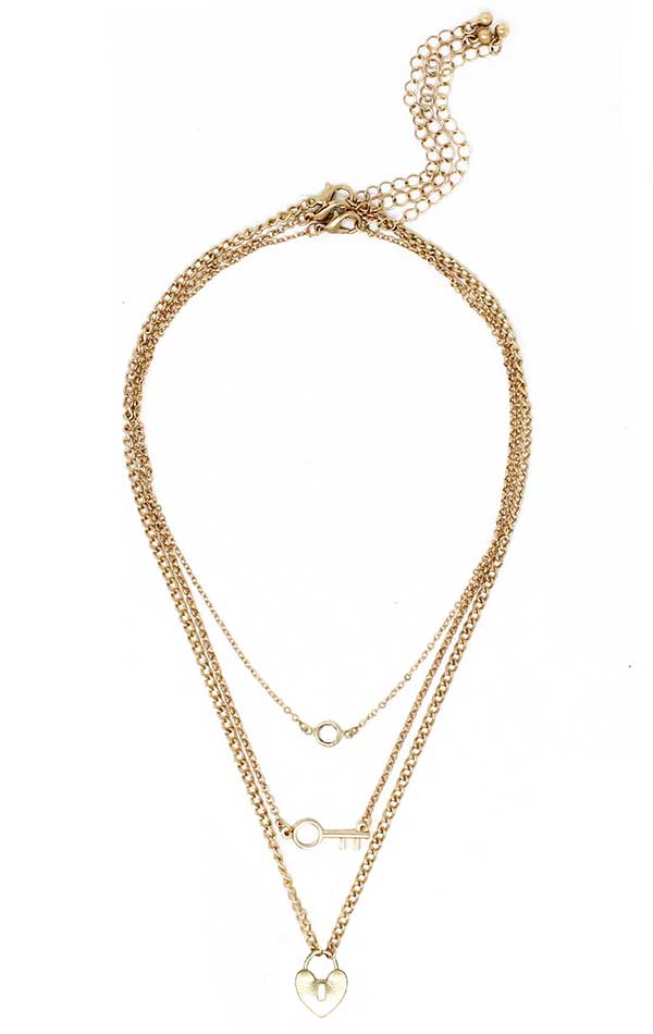Heart lock and key pendant triple necklace set
