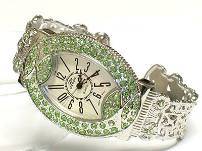 Double crystal fram oval shape face cuff bangle watch 