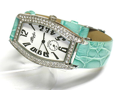 Designer style crystal frame genuine leather band watch 