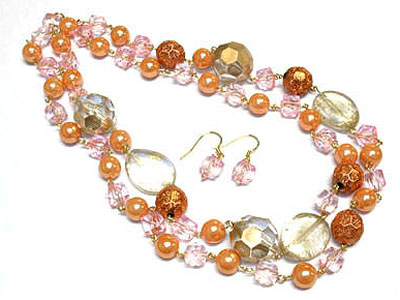 Multi beads long necklace and earring set