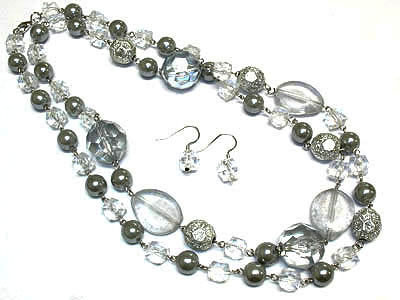 Multi beads long necklace and earring set