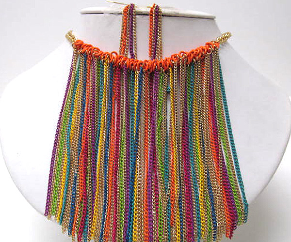 Multi metal chain fashion long chain necklace earring set