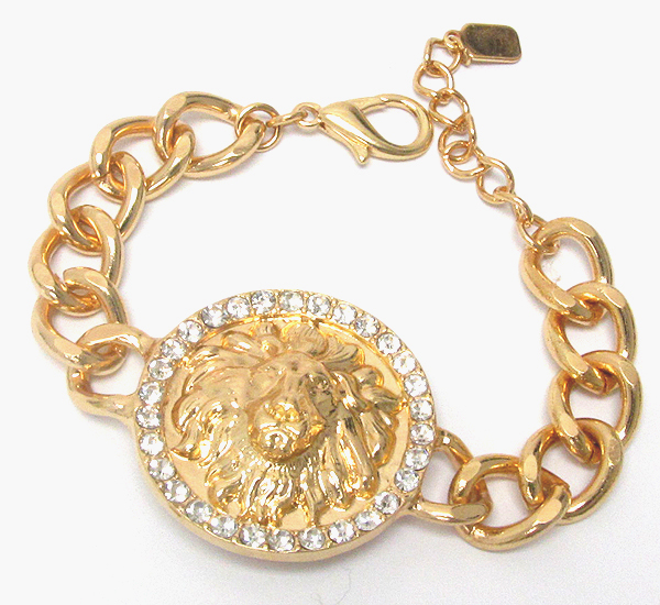 Crystal and lion head disk rihanna style chain bracelet