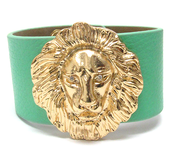 Crystal eyed lion head and leatherette band rihanna style bracelet