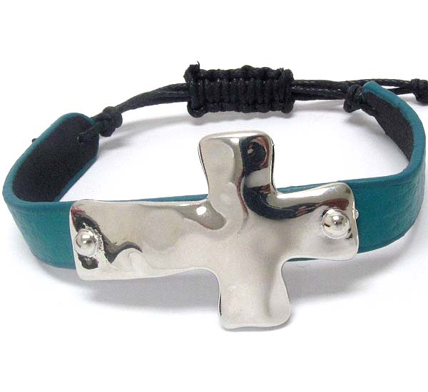 Metal hammered cross with leather band cord bracelet